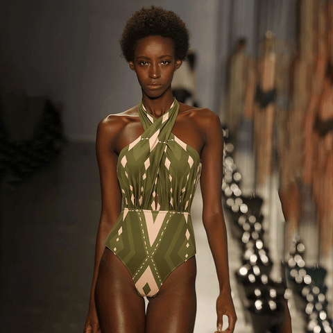 Halter Neck Geometric Pattern Print One Piece Swimsuit and Pants