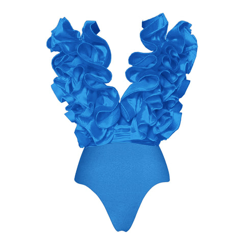 Frilled V Neck Blue One Piece Swimsuit and Skirt