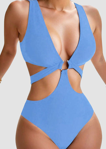 Sexy Metal O Ring Linked Cutout Low Cut One Piece Swimsuit