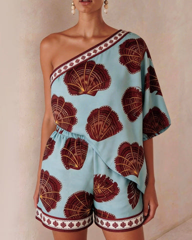 Shell Print Asymmetric Shoulder Two-Piece