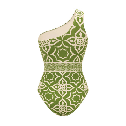 One Shoulder Retro Print One Piece Swimsuit and Skirt