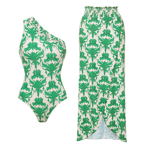 One Shoulder Shirring Iris Print One Piece Swimsuit and Skirt