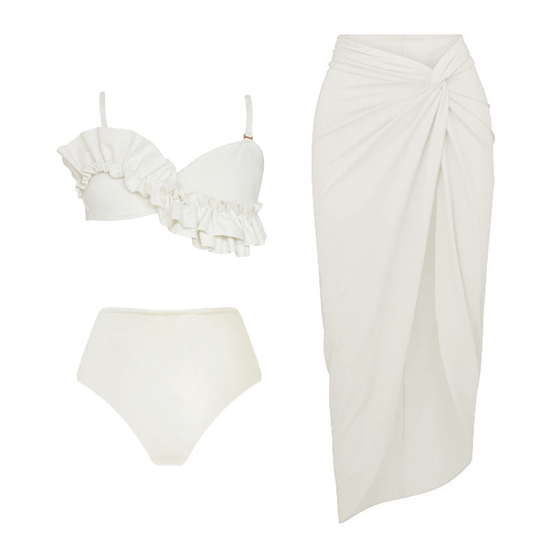 Ruffled Detail White High Waist Bikini Swimsuit and Sarong