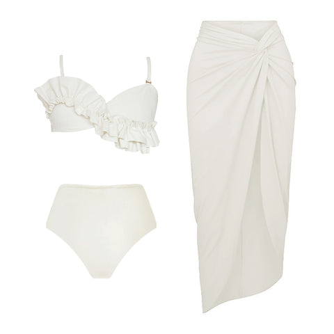 Ruffled Detail White High Waist Bikini Swimsuit and Sarong