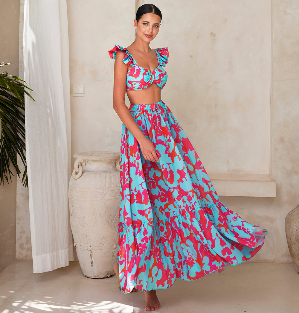 Printed Ruffle Bikini Swimsuit and Skirt	