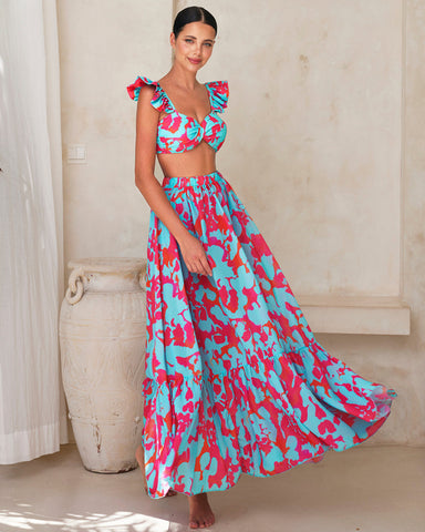 Printed Ruffle Bikini Swimsuit and Skirt	