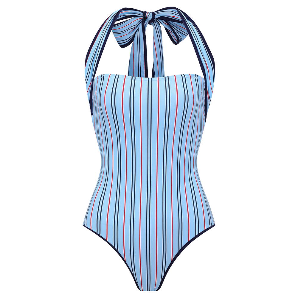 Multi-Way Striped Bowknot One Piece Swimsuit and Skirt	