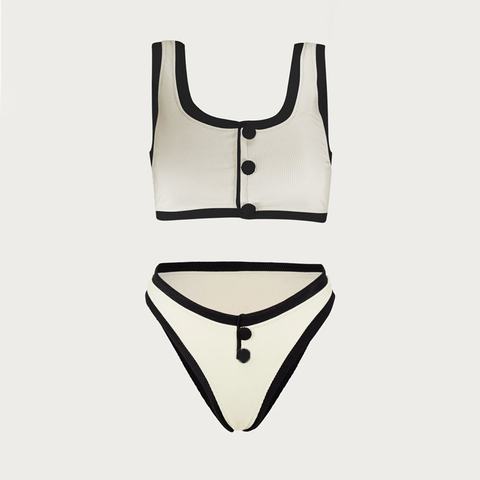Button Detail Black and White High Waist Bikini Swimsuit
