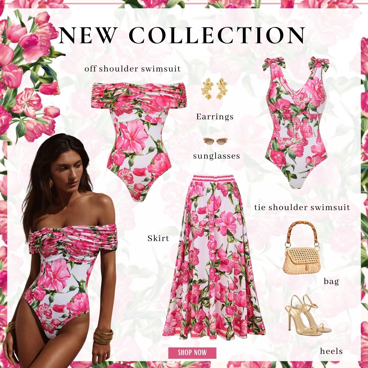 Ruched Off Shoulder Flower Print One Piece Swimsuit and Skirt	