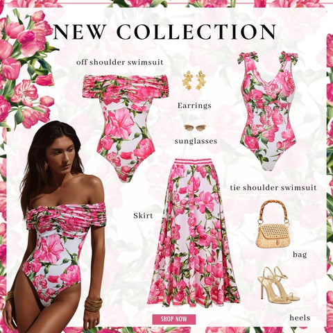 Ruched Off Shoulder Flower Print One Piece Swimsuit and Skirt	