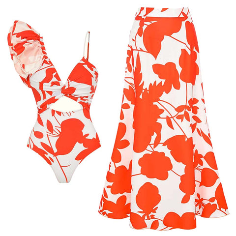 One Shoulder Ruffle Printed One Piece Swimsuit and Skirt	