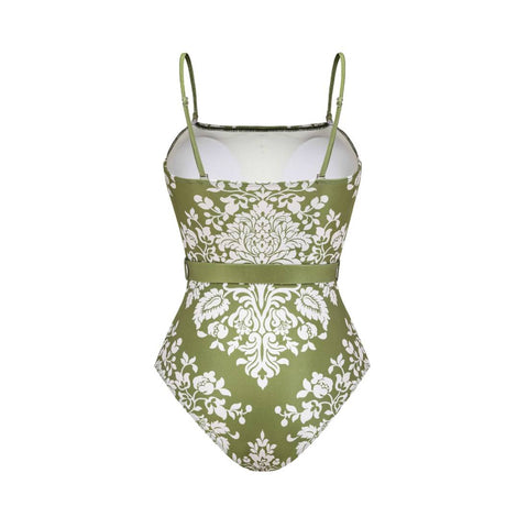 Retro Print Removable Belt Detail Sling One Piece Swimsuit and sarong