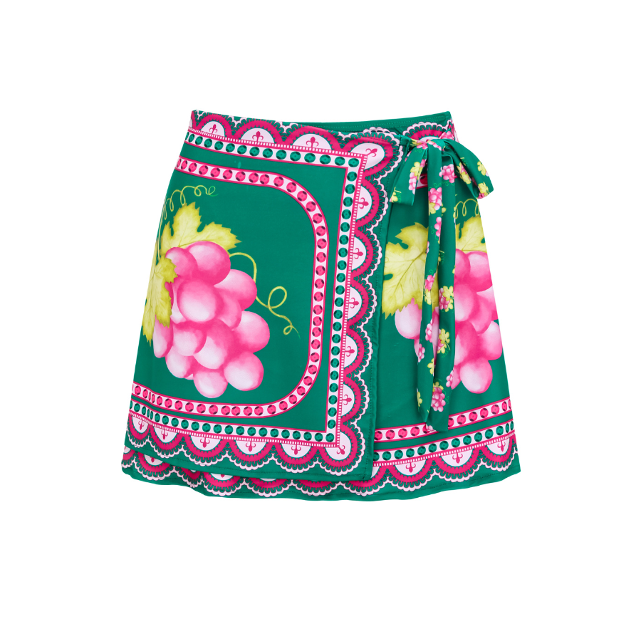 Deep V Retro Green Grapes Print One Piece Swimsuit and Skirt	