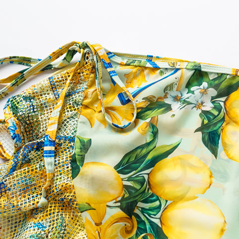 Lemon Print Ruffle Strap Bikini Swimsuit and Mesh Splicing Sarong