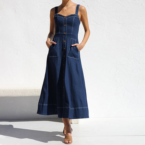 Buttons Sling  Dark Blue Denim Dress