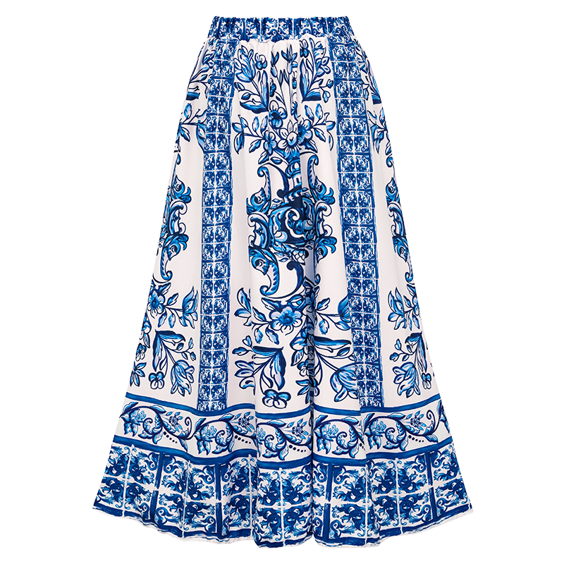 Ruffle Blue and White Porcelain Pattern Majolica Print Bikini Swimsuit and Skirt or Sarong	