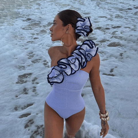 One Shoulder Ruffle Stripe Print One Piece Swimsuit and Skirt