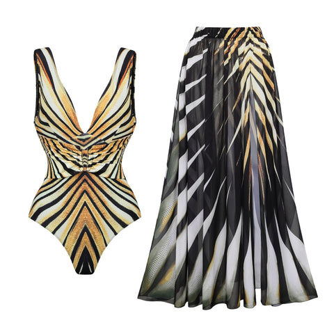 V-neck Tiger Stripe Print One Piece Swimsuit and Skirt	