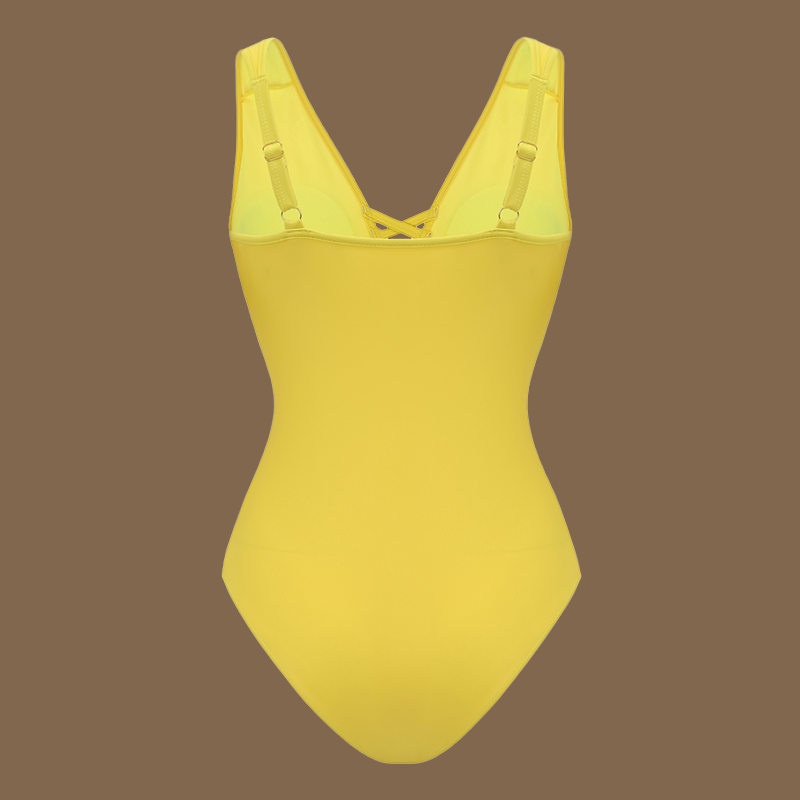 Yellow Color Laser Cutting Flower Hollow One Piece Swimsuit and Skirt	