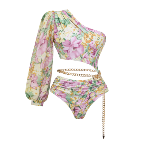 One Shoulder Cut out Blossom Printed One Piece Swimsuit and?skirt Flaxmaker	