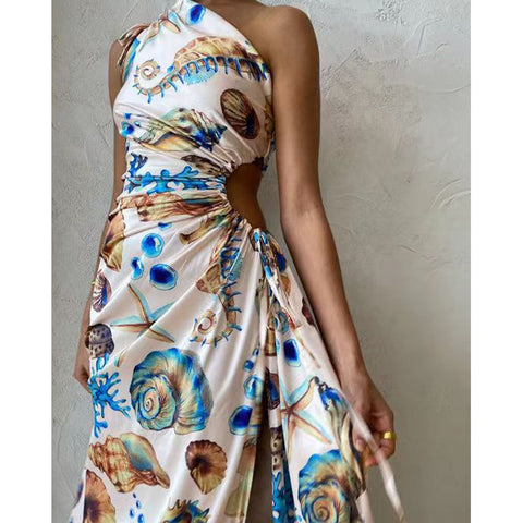 Oblique Shoulder Conch  Printed Dress