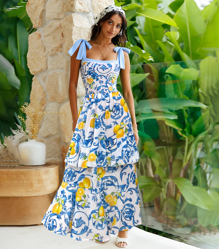 Lemon Print Tie-shoulder One Piece purple or Skirt Flaxmaker	