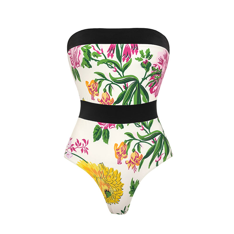 Off Shoulder Back Bow Tie Color Block Printed One Piece Swimsuit and Skirt Flaxmaker	