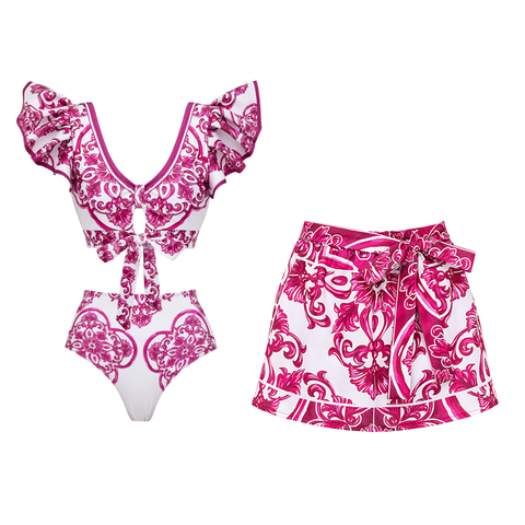 Ruffle Classic Majolica Series Pattern Print Bikini Swimsuit and Skirt or Shorts	