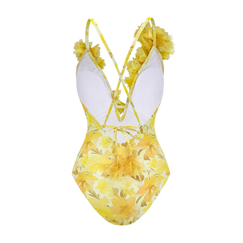 Appliques Yellow Lily Floral Print One Piece Swimsuit and Skirt	