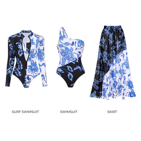 Color Block Printed Long Sleeve One Piece Surf Swimsuit and Skirt	