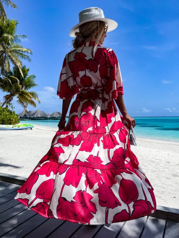 Blossom Printed Lace Up Beach Dress