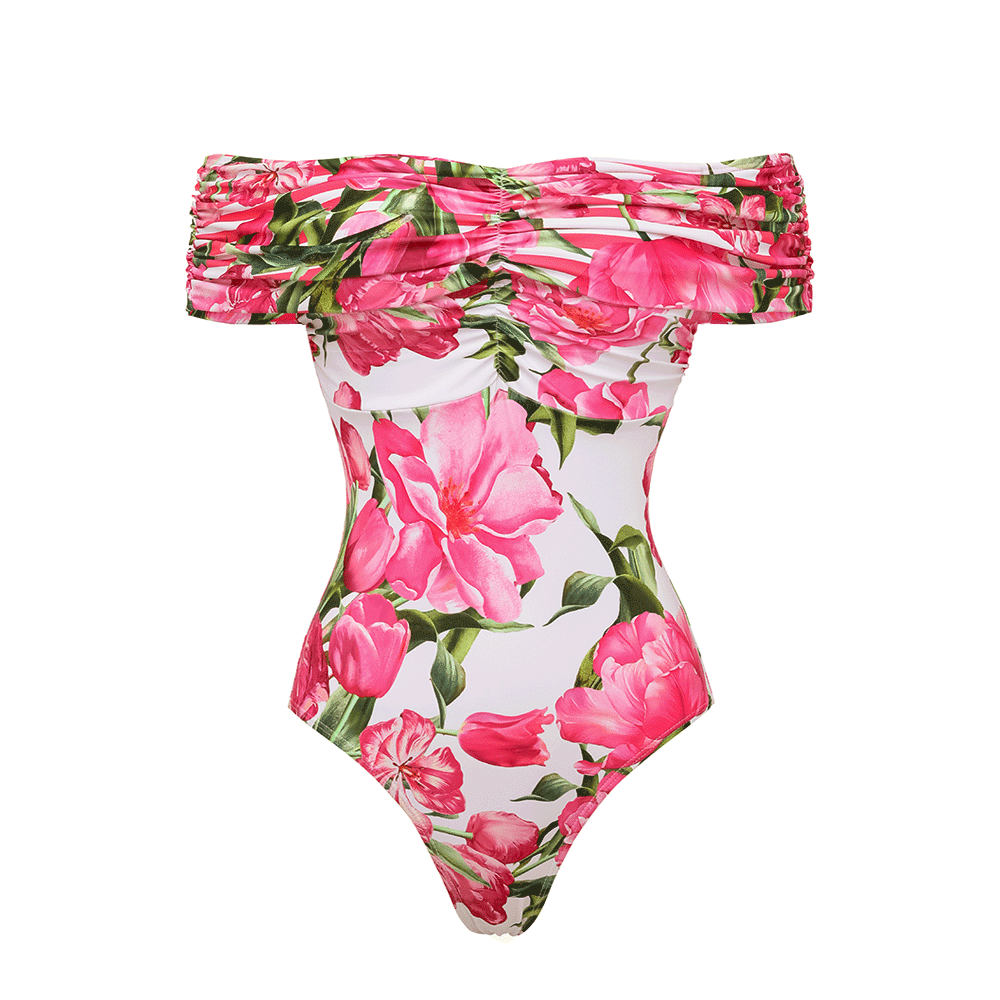 Ruched Off Shoulder Flower Print One Piece Swimsuit and Skirt	