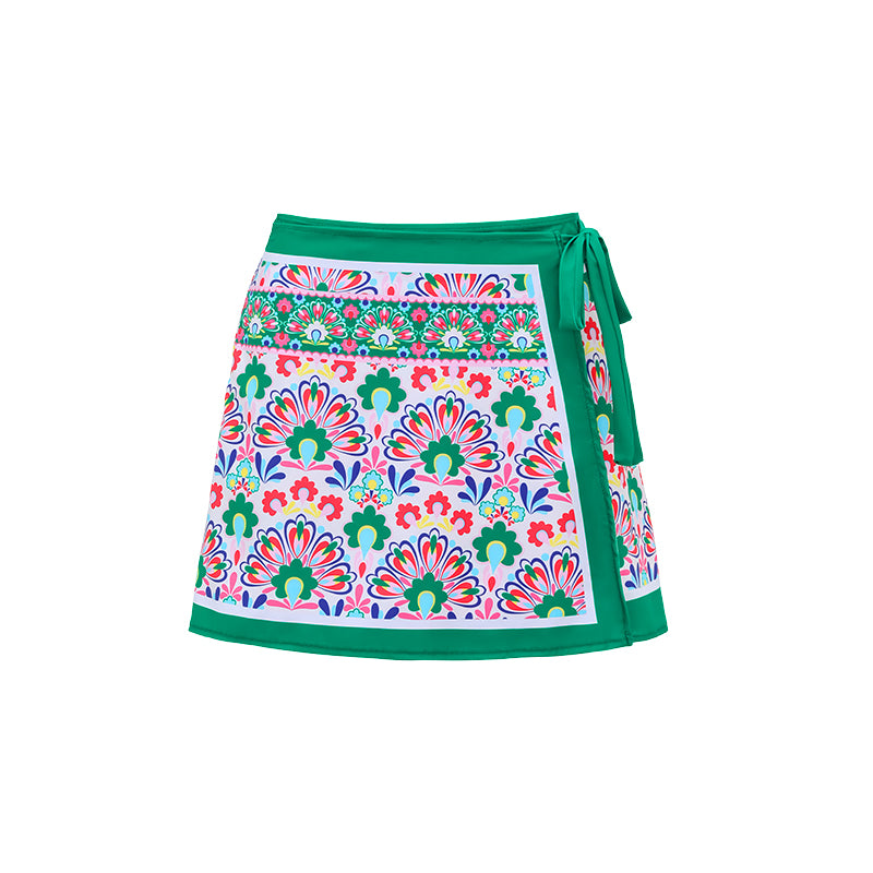V Neck Printed One Piece Swimsuit and Skirt	