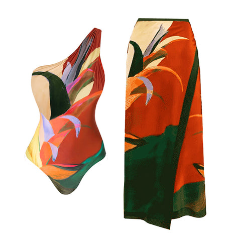 One Shoulder Printed One Piece Swimsuit and Skirt