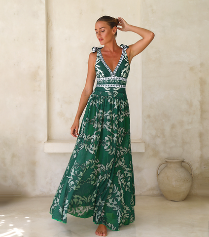 Green V Neck Lace Up Printed One Piece Swimsuit and Skirt