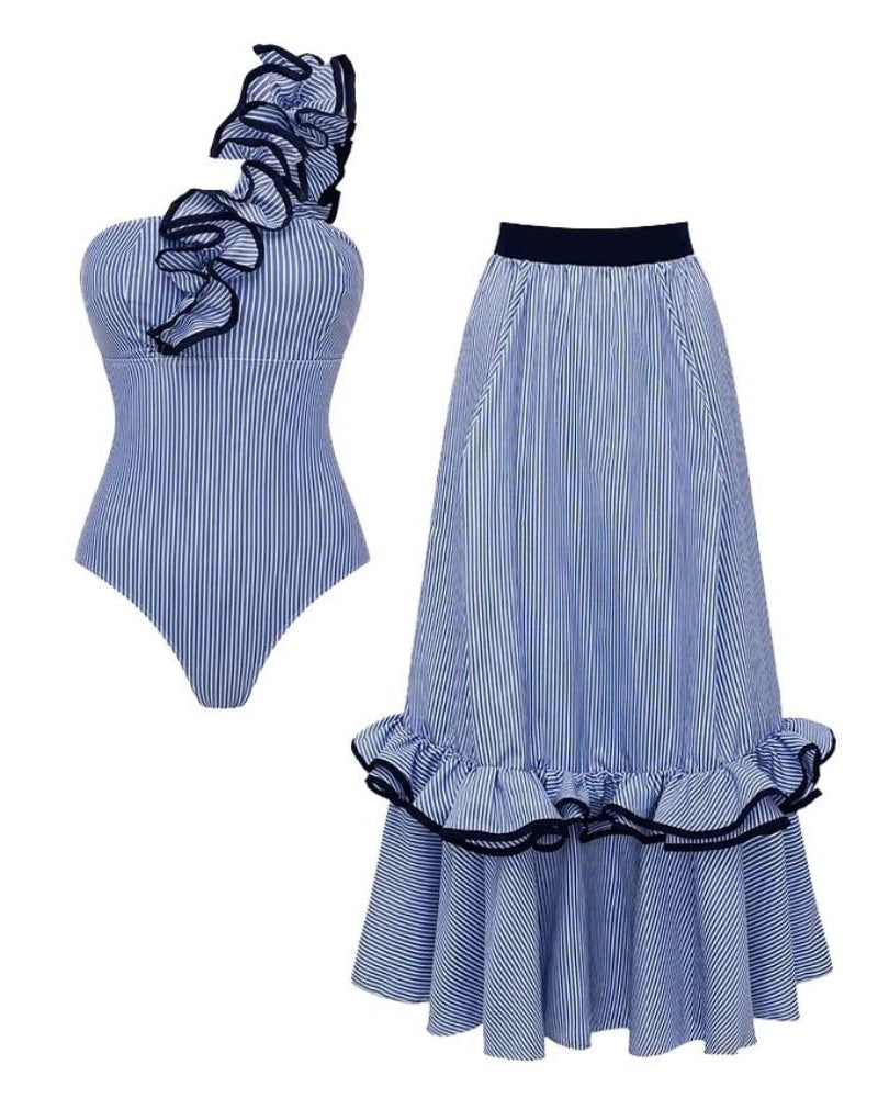 One Shoulder Ruffle Stripe Print One Piece Swimsuit and Skirt