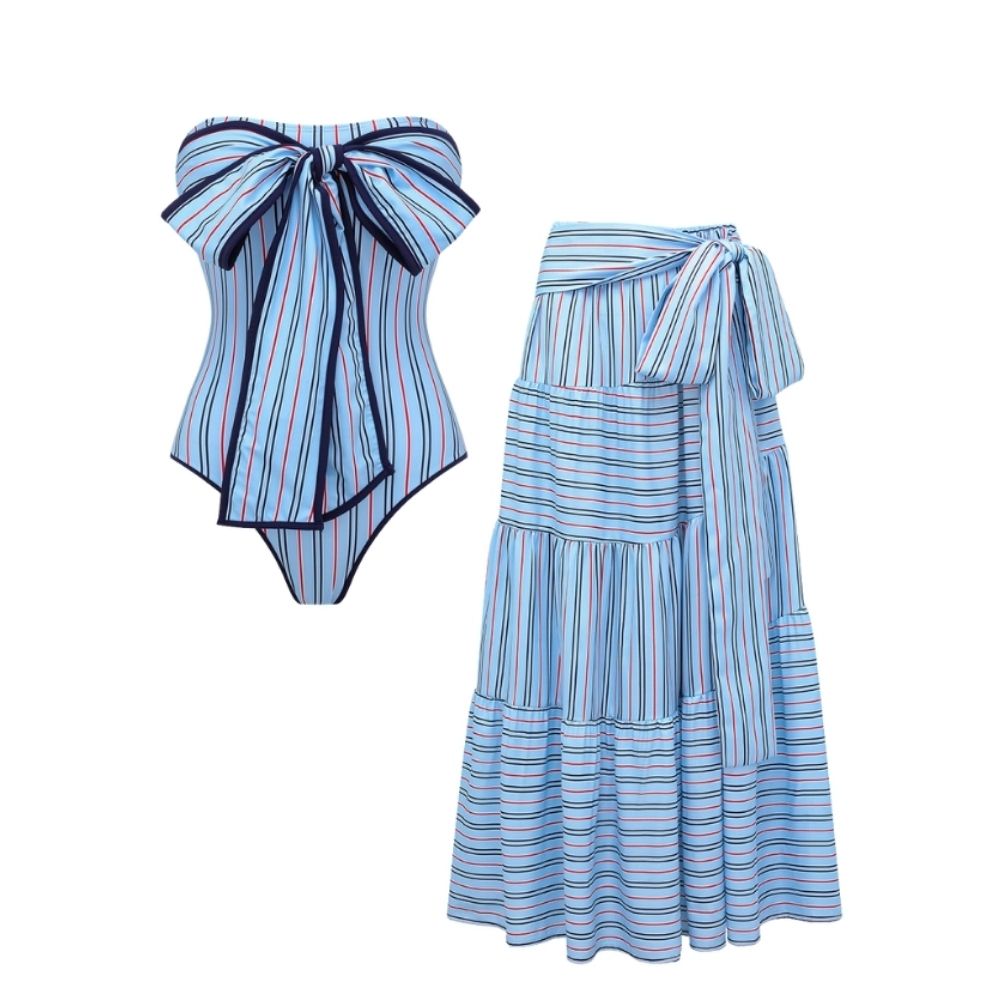 Multi-Way Striped Bowknot One Piece Swimsuit and Skirt	