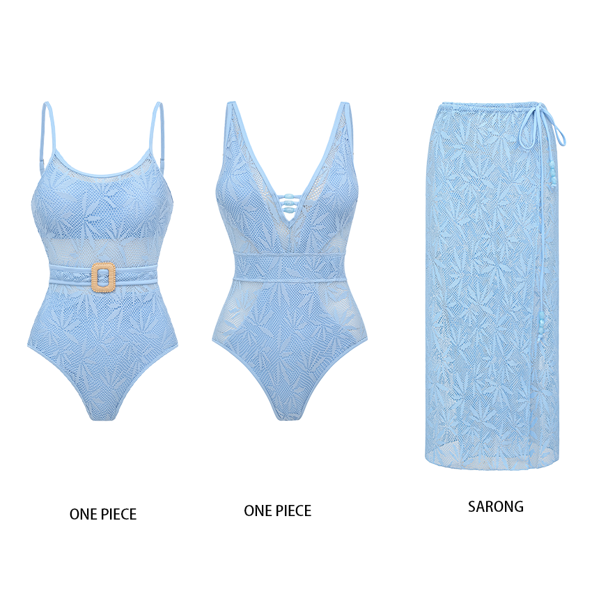 V-neck Blue Lace Hollow Out Swimsuit Set(s)	