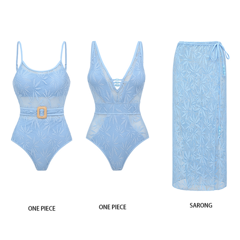 V-neck Blue Lace Hollow Out Swimsuit Set(s)	