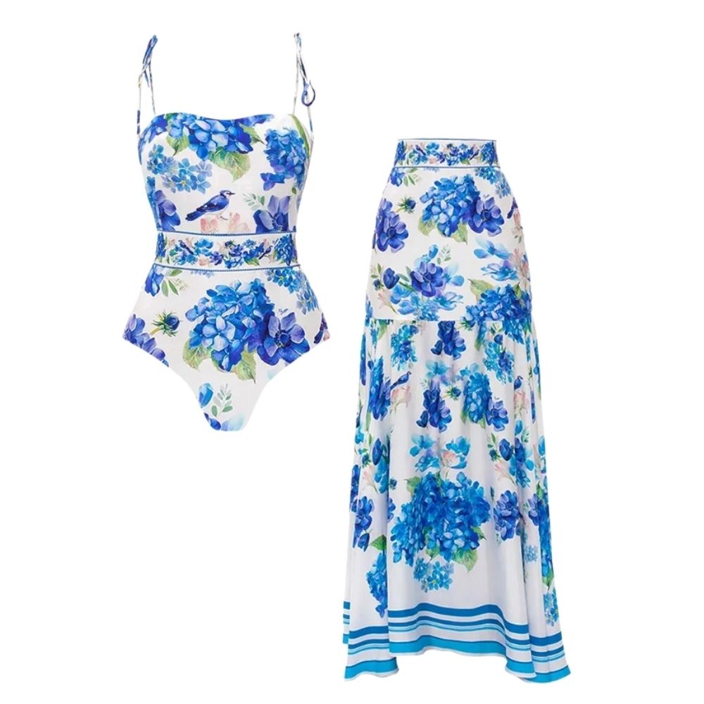 Hydrangea Prints One Piece Swimsuit and Skirt	