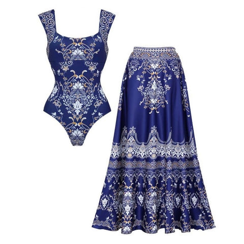 Royal Blue Baroque Print One Piece Swimsuit and Skirt	