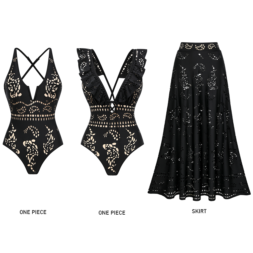 Black Ruffle Laser Cut Swimsuit Set(s)	