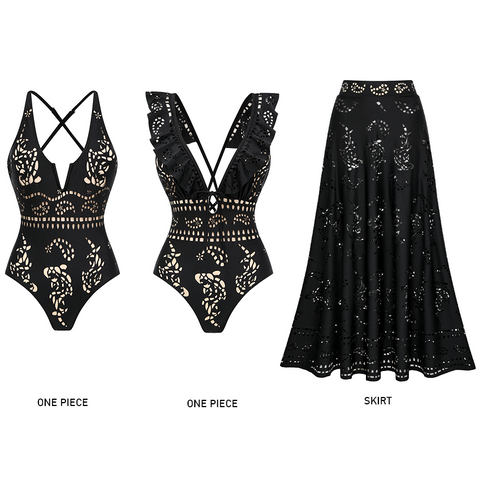 Black Ruffle Laser Cut Swimsuit Set(s)	