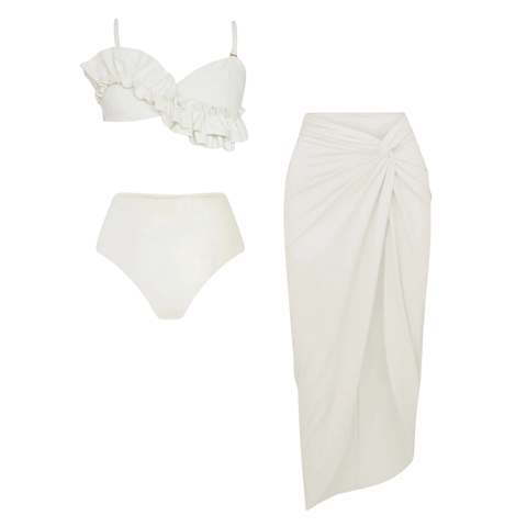 Ruffled Detail White High Waist Bikini Swimsuit and Sarong