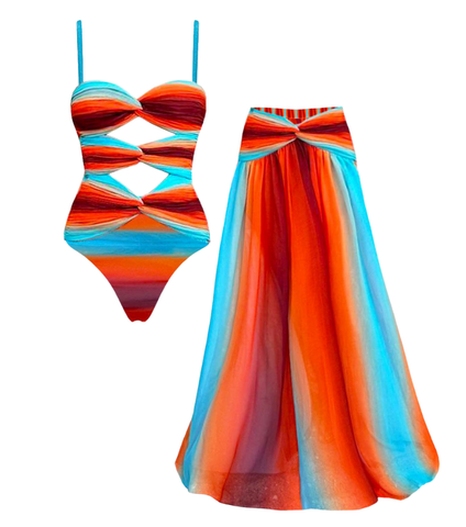 Blue-Orange Gradient Hollow One Piece Swimsuit and Skirt	
