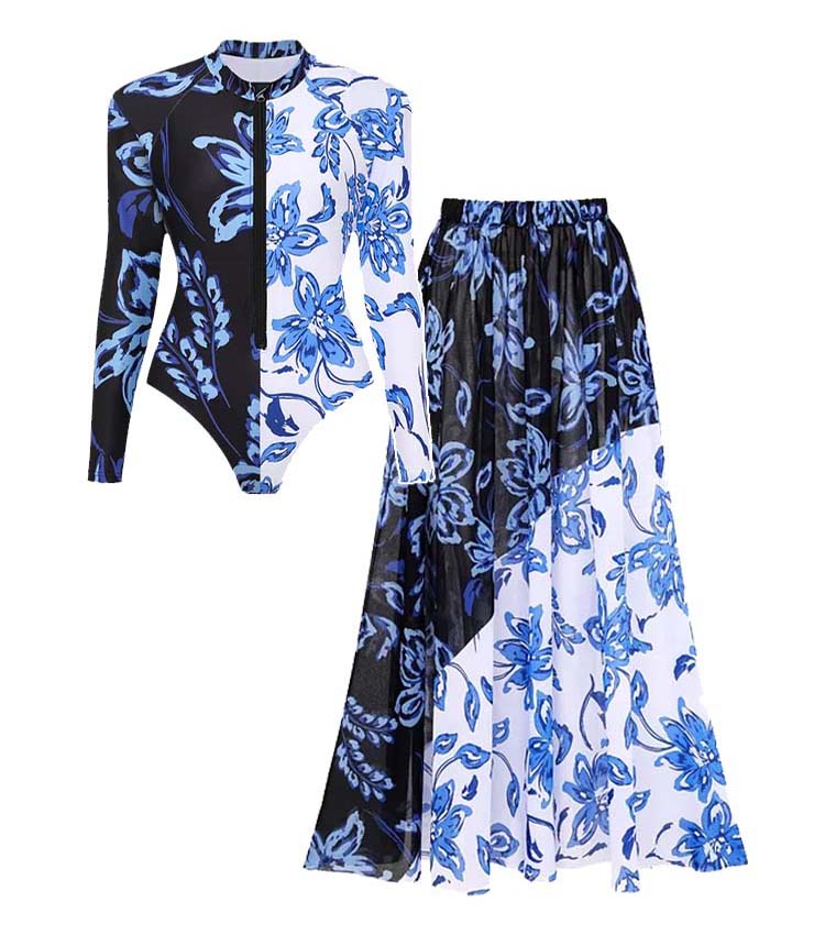 Color Block Printed Long Sleeve One Piece Surf Swimsuit and Skirt	