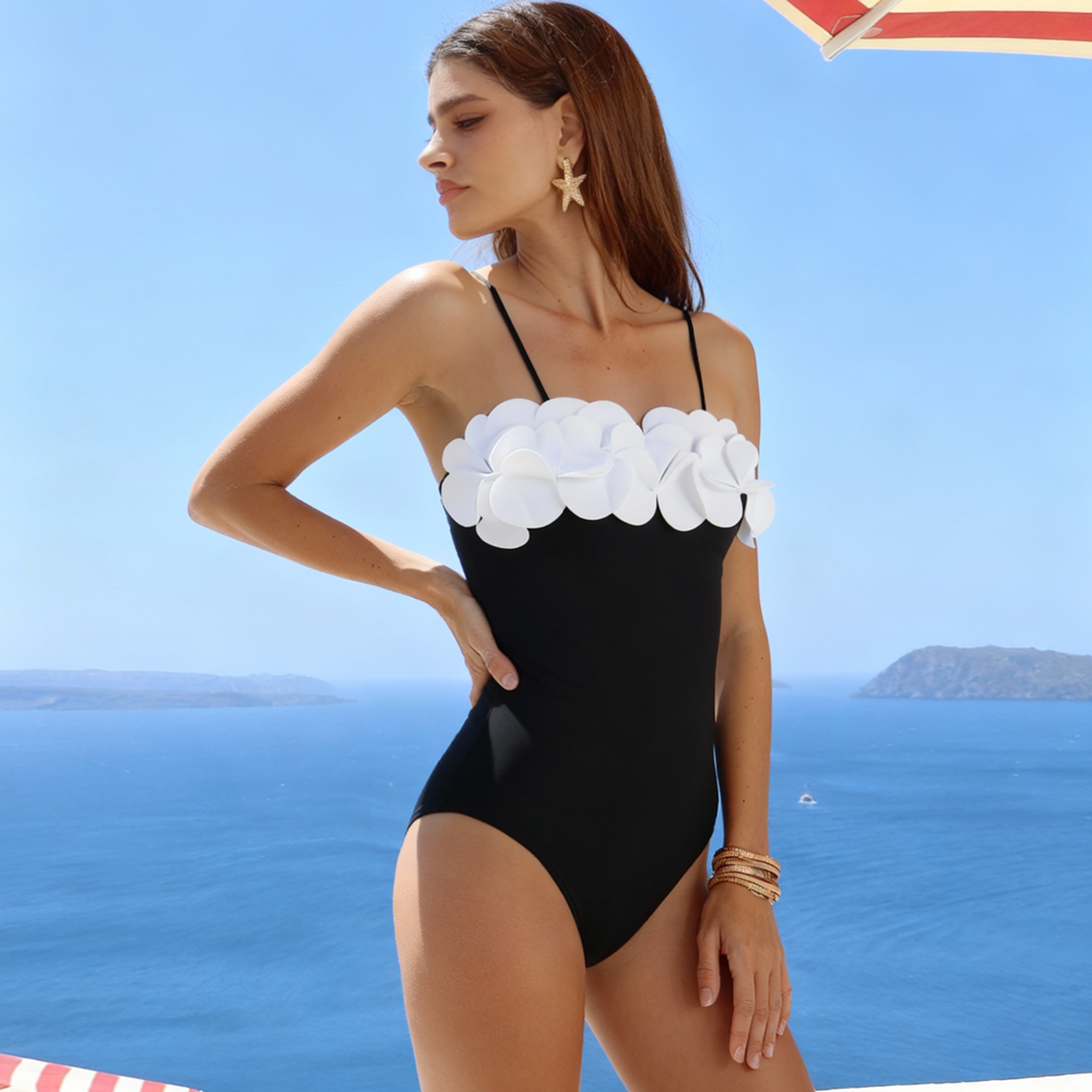 Bandeau 3D Flower Color Block One Piece Swimsuit And Skirt	