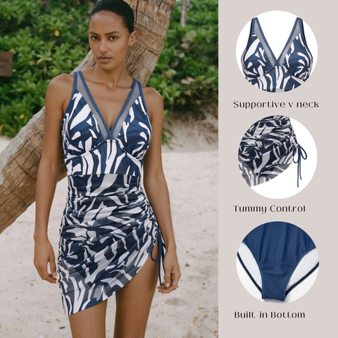Tummy Control Slimming Mesh Sheer Sarong Wraps Bathing Suit Swim Dress