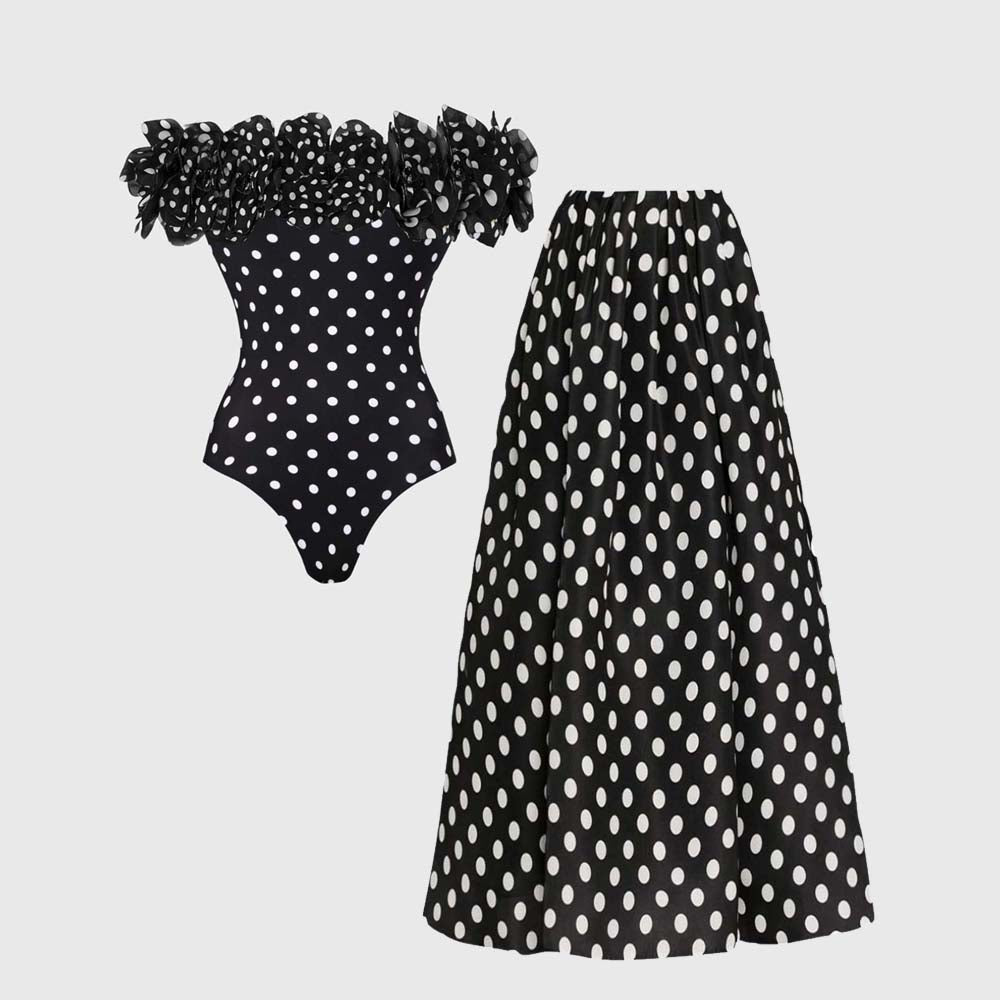 Bandeau Polka Dot Print One Piece Swimsuit and Skirt	