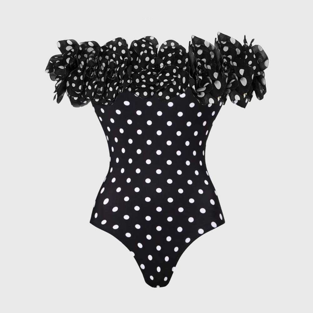 Bandeau Polka Dot Print One Piece Swimsuit and Skirt	